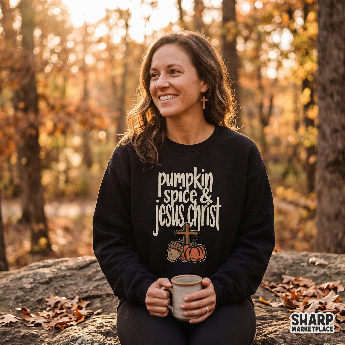 Pumpkin Spice & Jesus Christ fall Christian graphic PNG for cozy autumn faith t-shirts and sublimation transfers