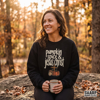Pumpkin Spice & Jesus Christ fall Christian graphic PNG for cozy autumn faith t-shirts and sublimation transfers