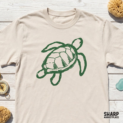 Artistic sea turtle sketch in deep green ink, a versatile digital design for summer apparel, sublimation transfers, and unique coastal DIY gift projects.