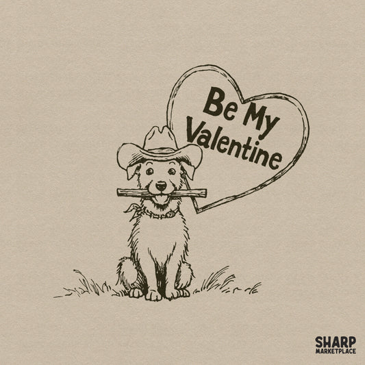 Hand-drawn line art of a puppy in a cowboy hat holding a stick with a heart frame behind it and the text Be My Valentine for sublimation projects.