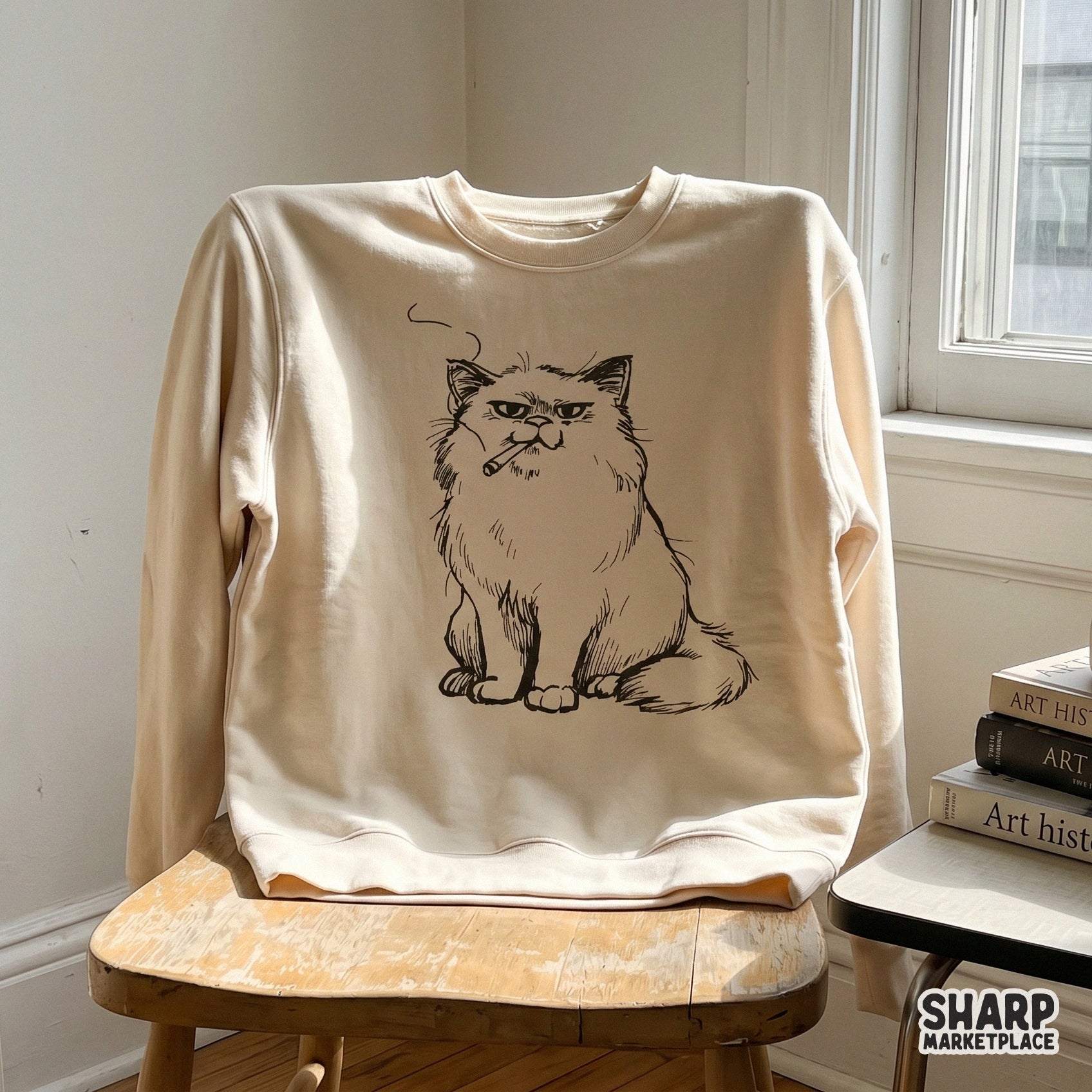 Funny sarcastic fluffy boss cat smoking a cigarette retro vintage graphic design for sublimation shirts