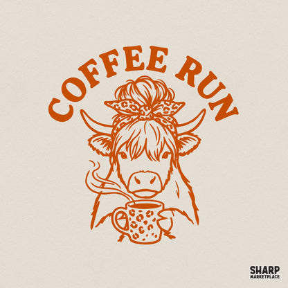 Coffee Run PNG, Funny Highland Cow Shirt Design - 300 DPI Design for