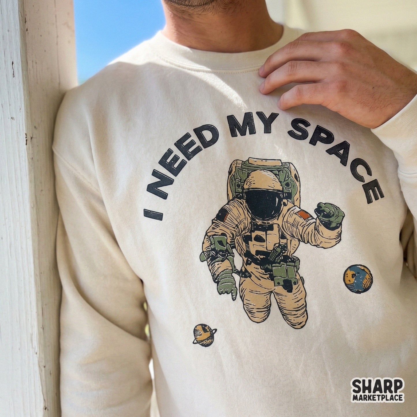 Retro funny floating astronaut with galaxy planets sarcastic sublimation design for trendy shirts