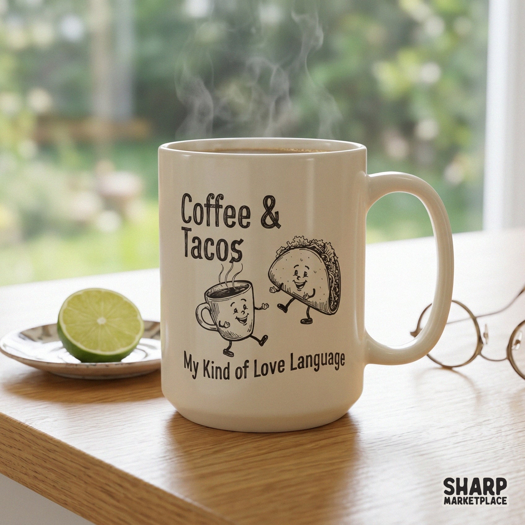Coffee mug mockup displaying a retro illustration of a cute coffee cup and taco character with the funny quote My Kind of Love Language in dark ink.