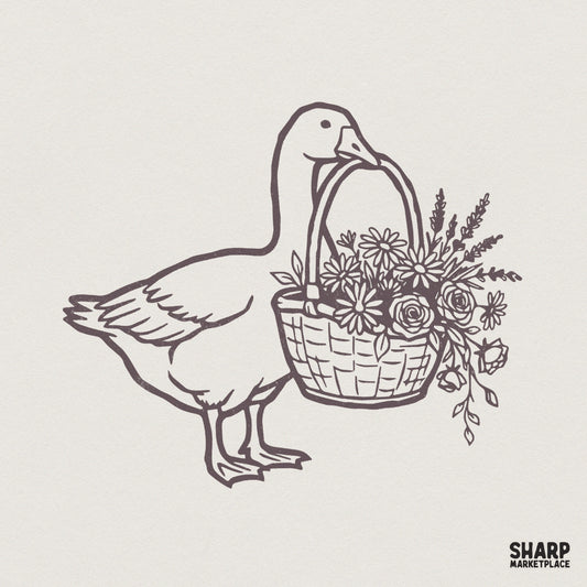 Vintage line art of a goose carrying a rustic woven basket overflowing with daisies and roses, perfect for botanical apparel and farmhouse decor.