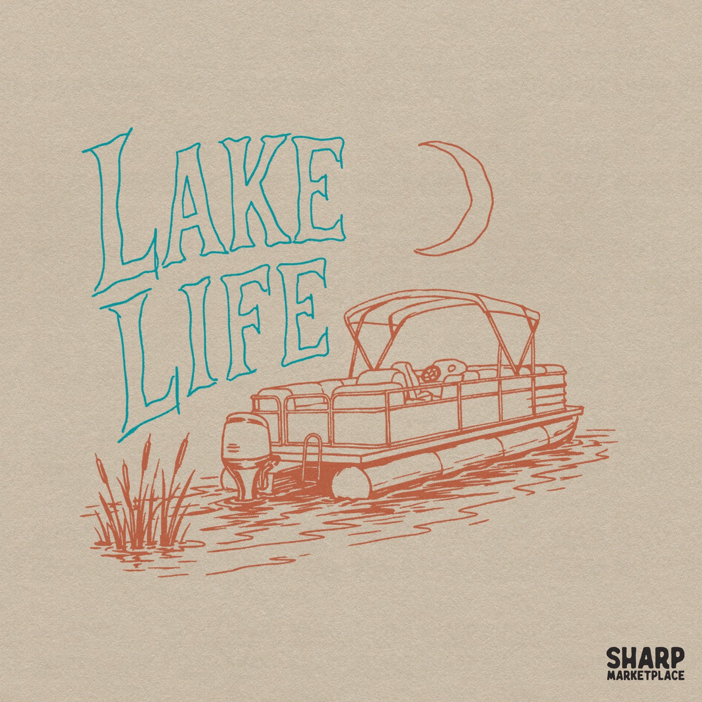 Retro Lake Life pontoon boat PNG with stars and waves for summer beach apparel and camping sublimation designs