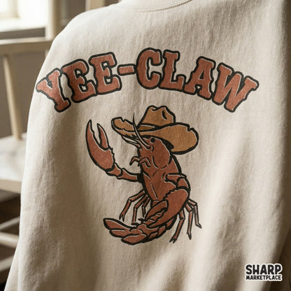Rustic brown crawfish character wearing a cowboy hat with arched western lettering, designed for high-quality print-on-demand summer apparel.
