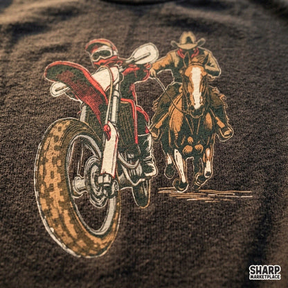 Retro western cowboy on a horse racing a motocross dirt bike rider PNG graphic for country shirt sublimation designs