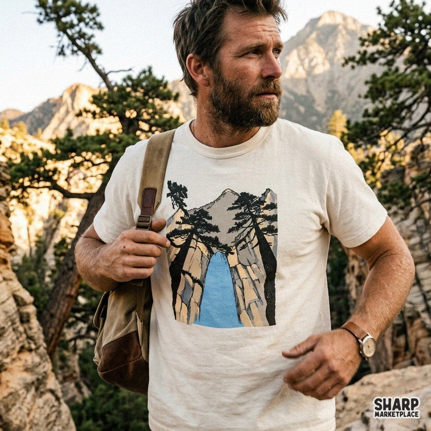 Vintage national park art with canyon waterfall and pine forest graphic design for country t-shirts PNG
