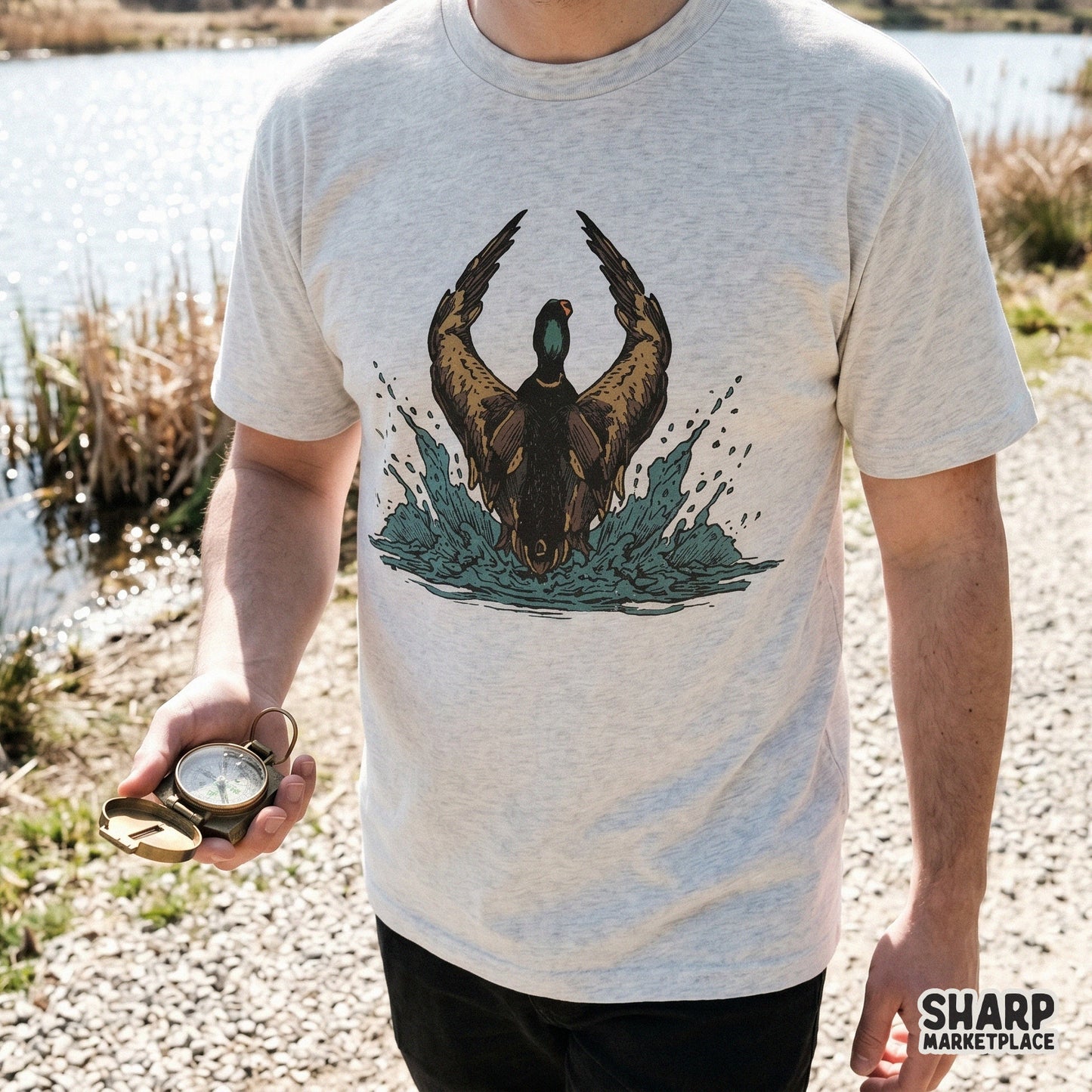 Vintage retro mallard duck landing in water with a splash sublimation hunting png design for Father's Day shirts