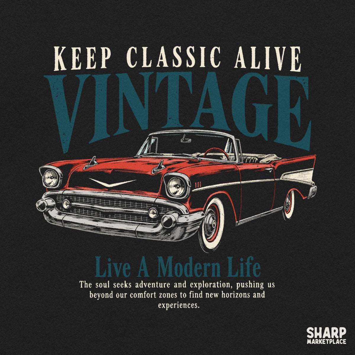Vintage retro car graphic design for print on demand t-shirts and apparel featuring classic racing car artwork