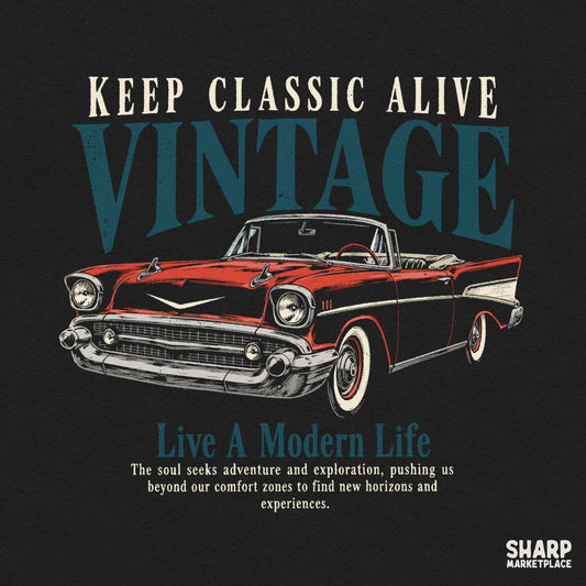 Vintage retro car graphic design for print on demand t-shirts and apparel featuring classic racing car artwork