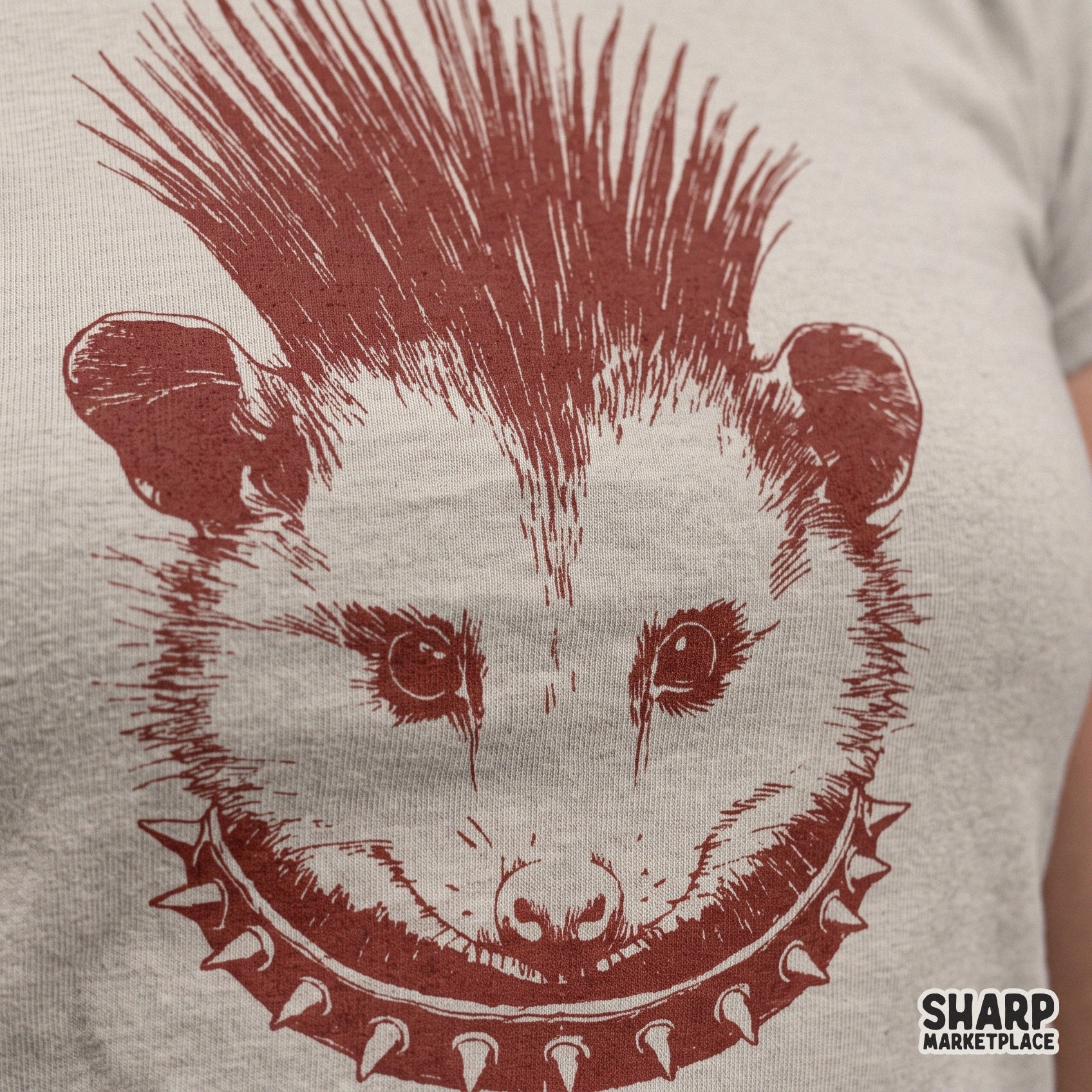 Punk rock opossum head with a spiked mohawk and collar, weirdcore animal meme design for streetwear t-shirts
