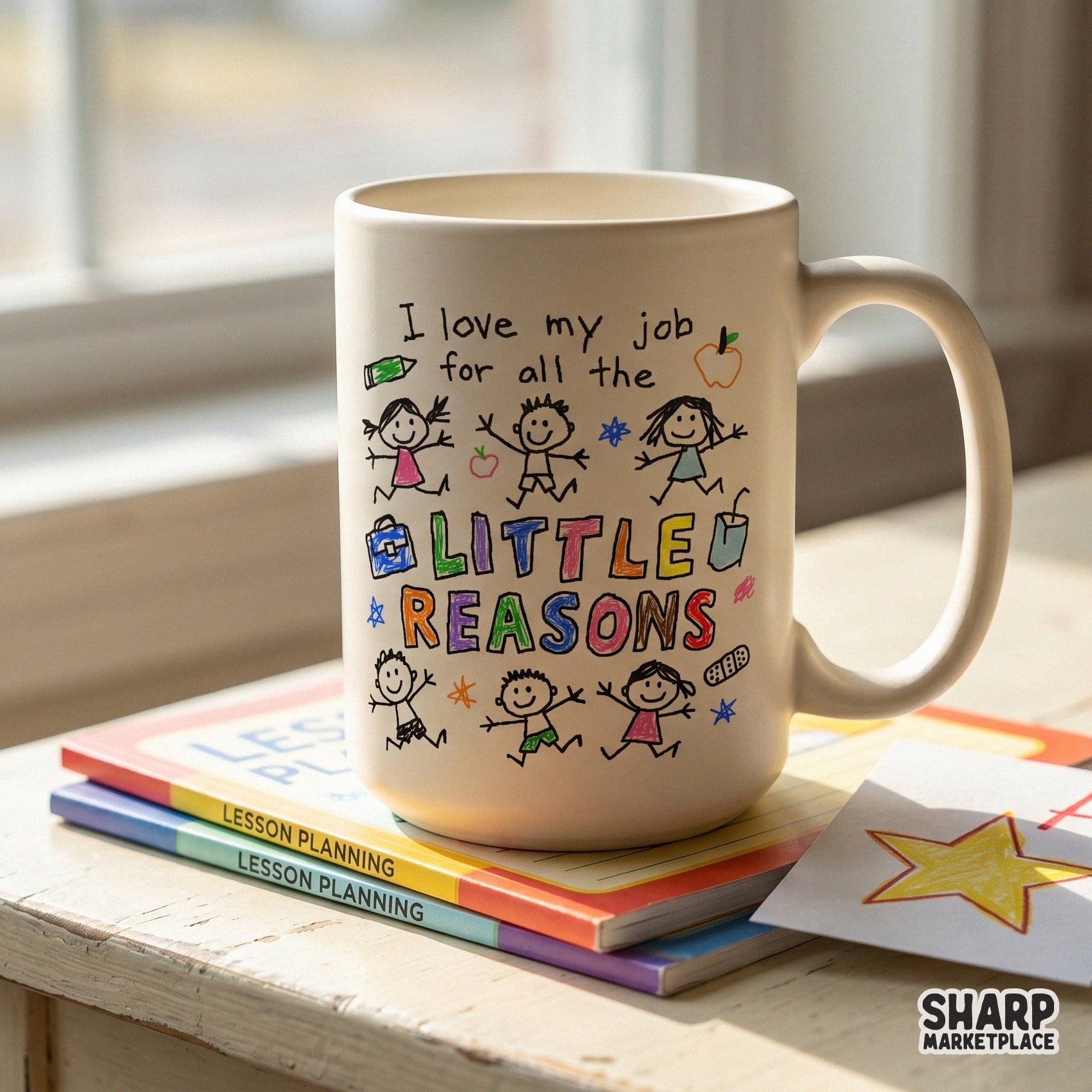 Colorful crayon art design for teachers featuring the phrase I love my job for all the little reasons, ideal for printing on shirts, totes, and tumblers.