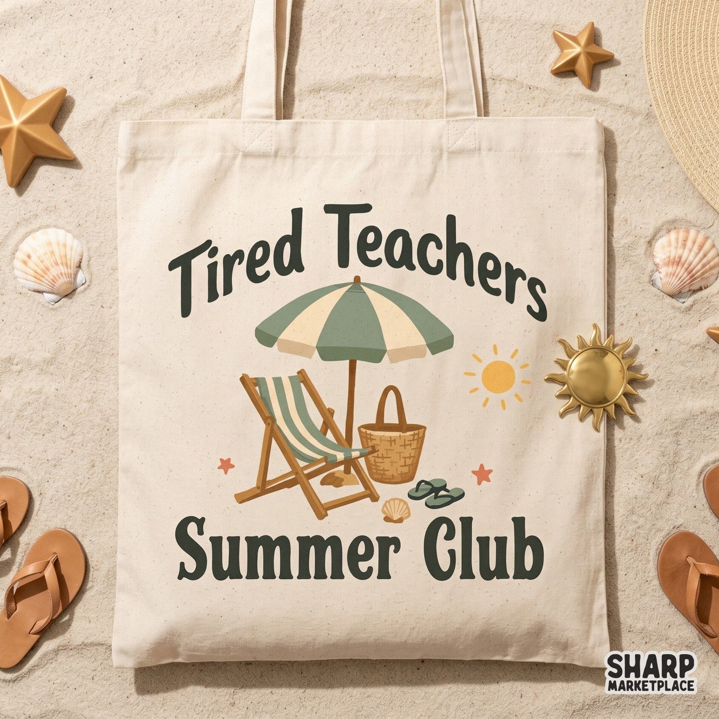 Digital beach vacation art for teachers featuring a sun, beach chair, and starfish, designed for DIY sublimation projects, tumblers, and school break shirts.