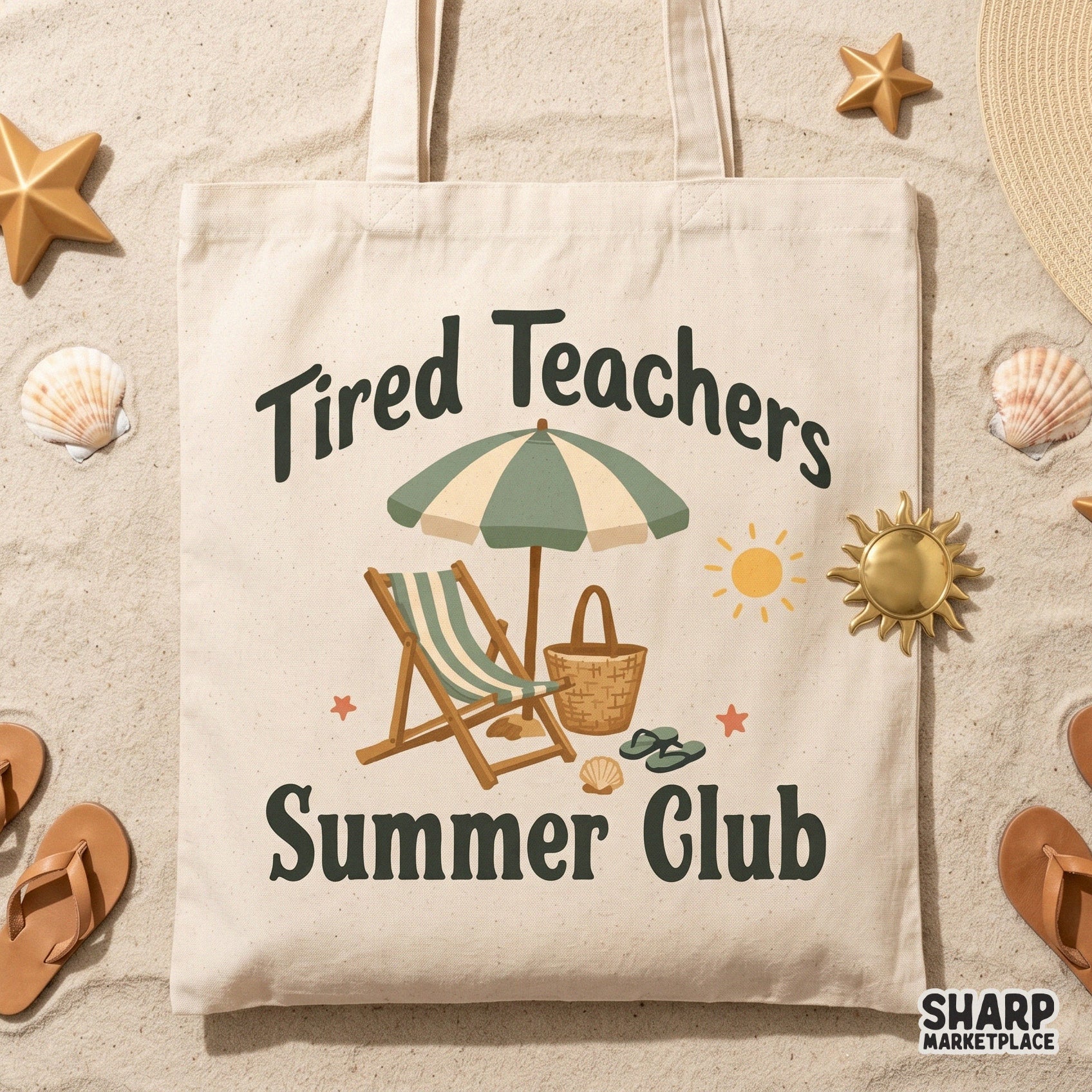 Digital beach vacation art for teachers featuring a sun, beach chair, and starfish, designed for DIY sublimation projects, tumblers, and school break shirts.