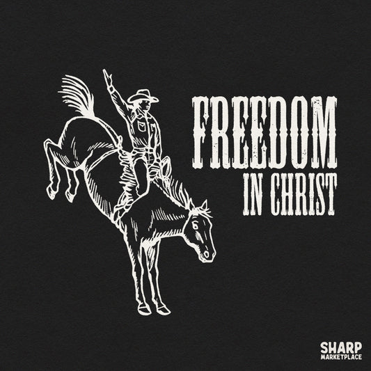 Freedom in Christ western cowboy riding a bucking horse PNG sublimation graphic for trendy Christian shirts