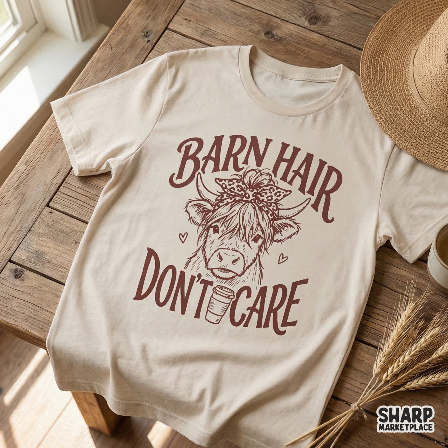 Digital design featuring a cute Highland cow wearing a leopard print headband and messy bun with a coffee cup, perfect for custom farmhouse t-shirts.
