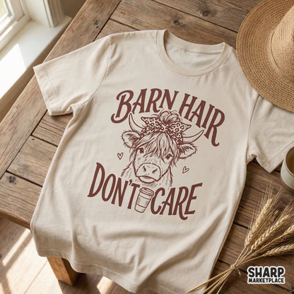 Digital design featuring a cute Highland cow wearing a leopard print headband and messy bun with a coffee cup, perfect for custom farmhouse t-shirts.