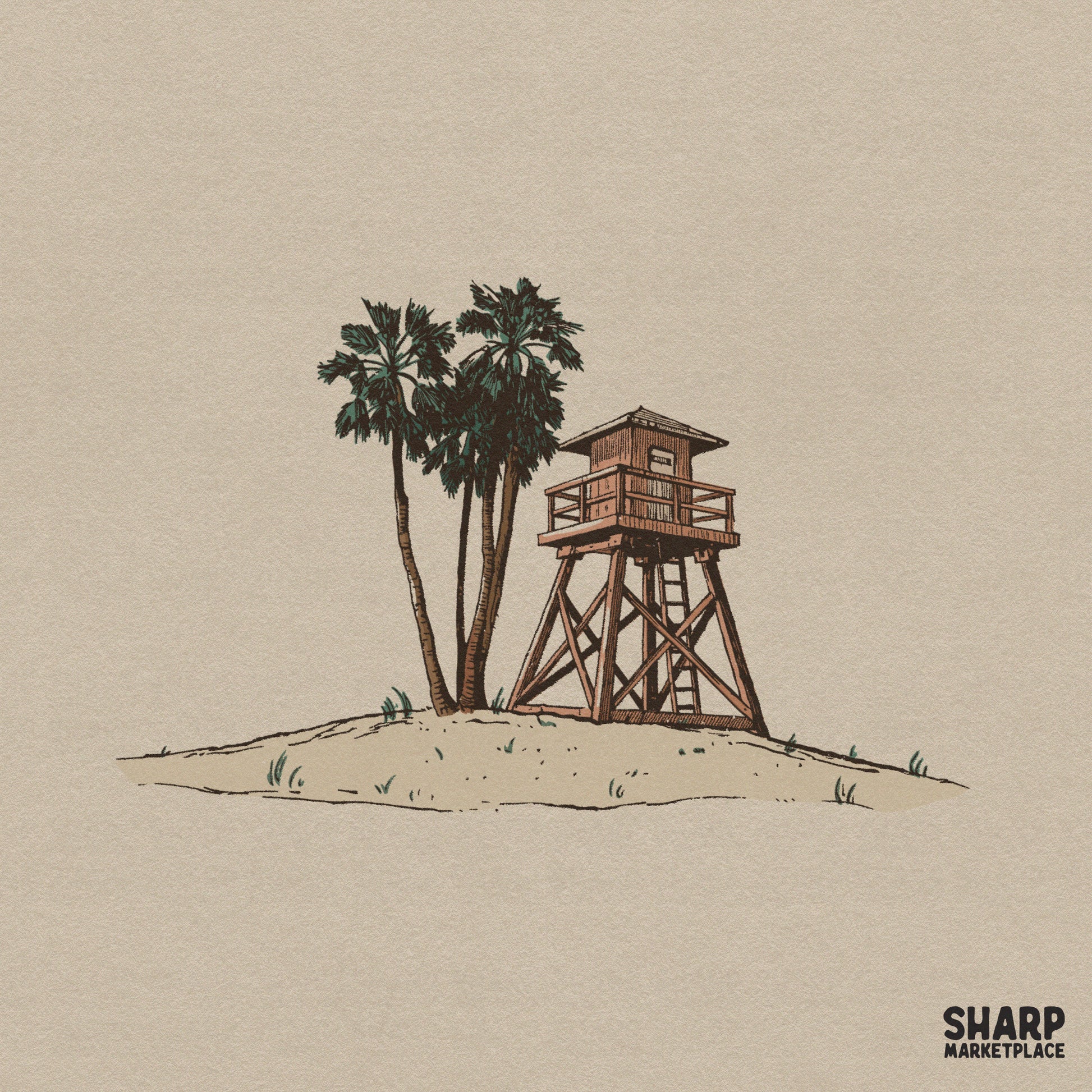Vintage wooden lifeguard tower and palm trees summer beach PNG for retro girls trip and coastal vibe sublimation