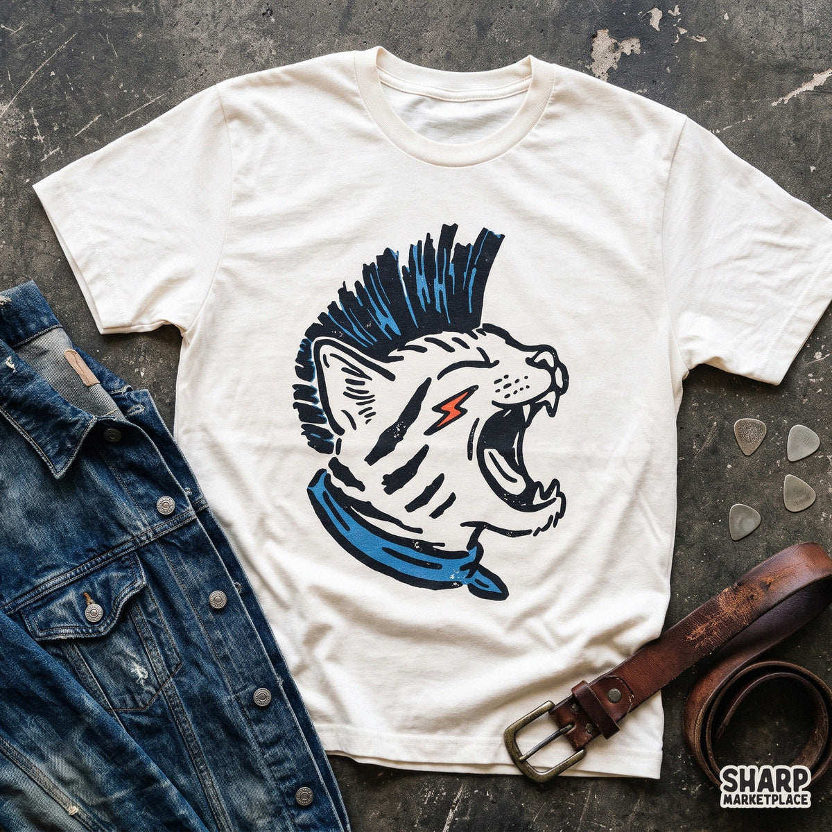 Vintage 80s punk rock cat with a blue mohawk trendy PNG graphic for t-shirts and streetwear sublimation