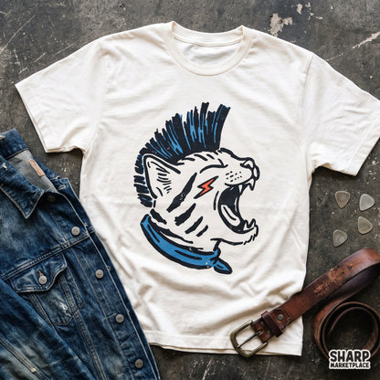 Vintage 80s punk rock cat with a blue mohawk trendy PNG graphic for t-shirts and streetwear sublimation