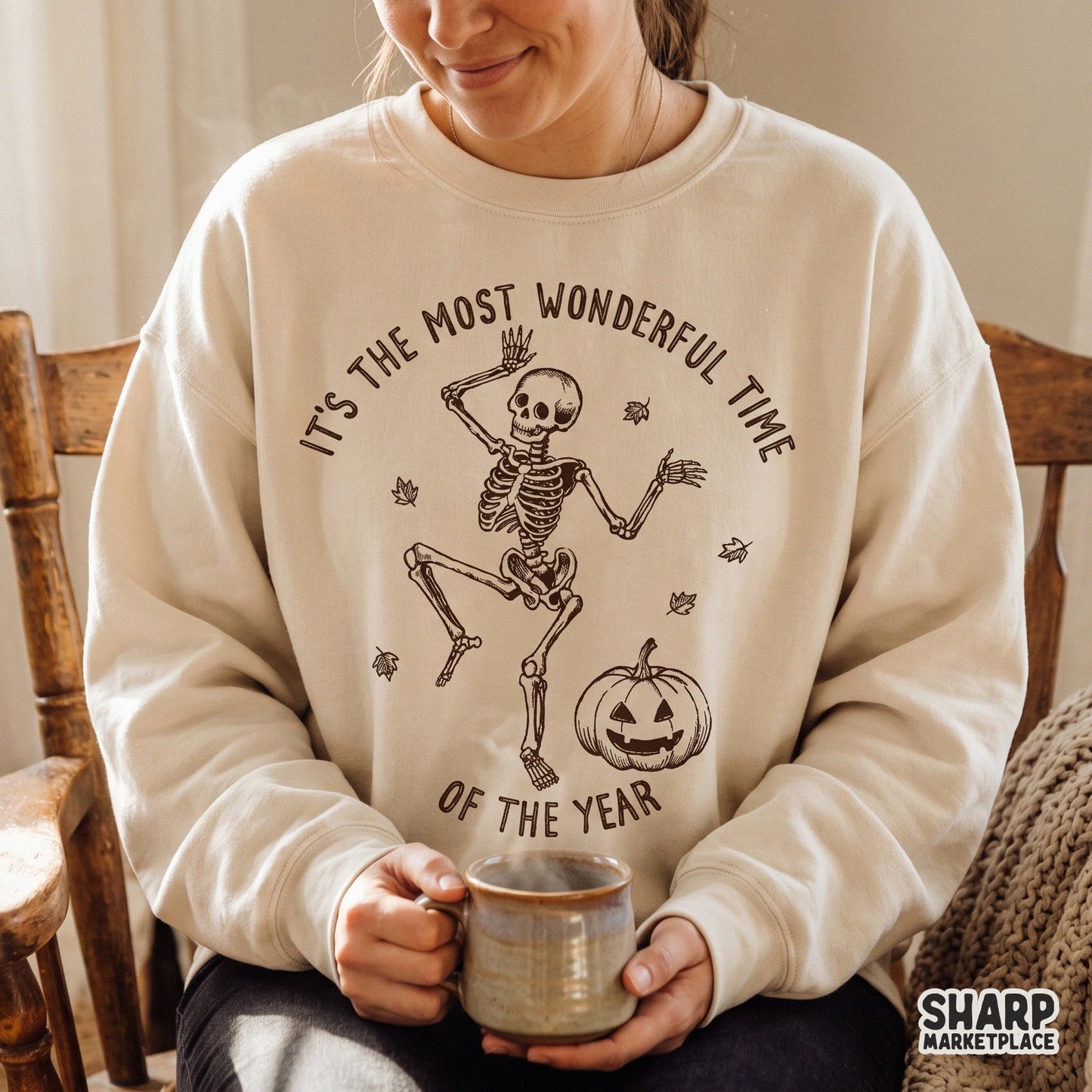 Dancing skeleton with fall pumpkins in a retro spooky season style for Halloween shirt sublimation and digital crafts