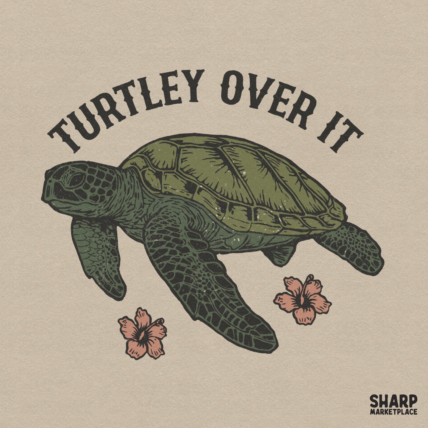 Funny sea turtle pun with retro hibiscus flowers for summer sublimation shirt graphic