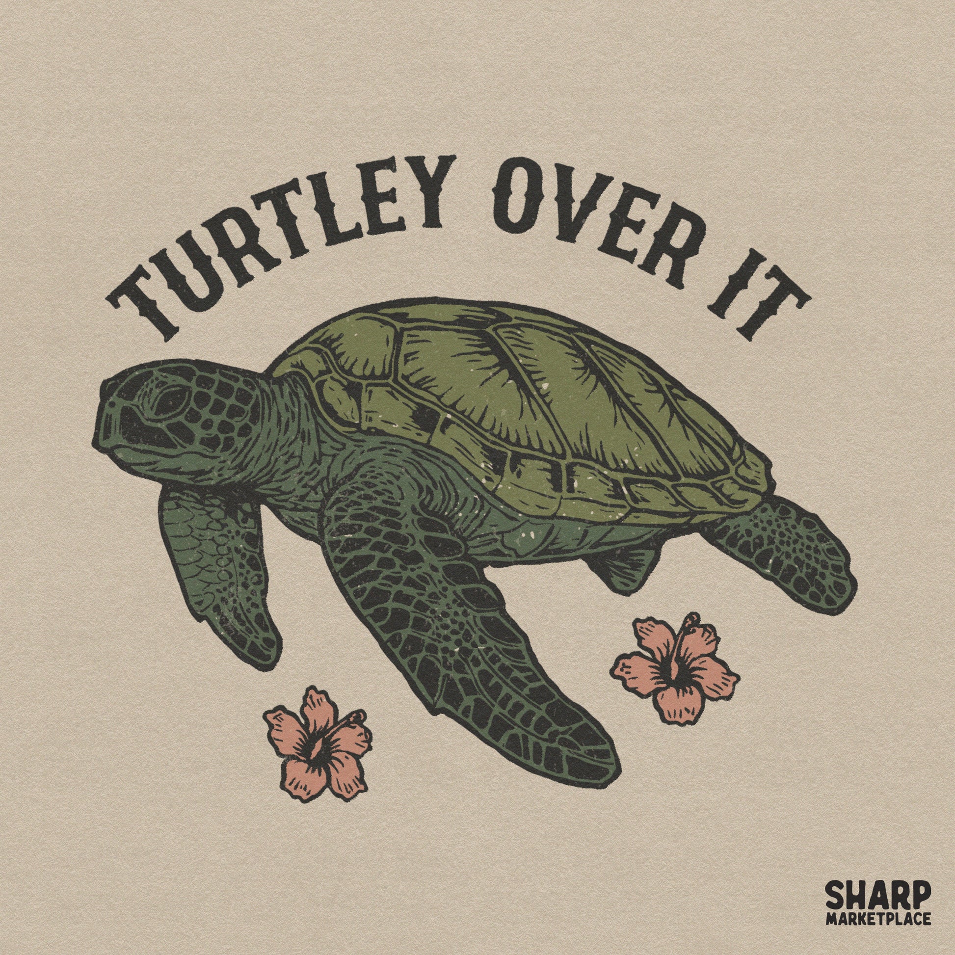 Funny sea turtle pun with retro hibiscus flowers for summer sublimation shirt graphic