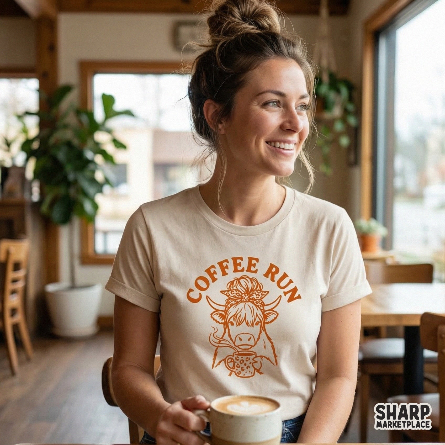 Coffee Run PNG, Funny Highland Cow Shirt Design - 300 DPI Design for