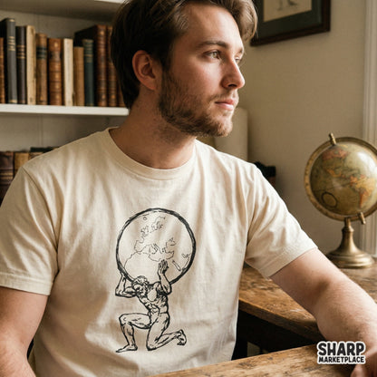 Detailed black line art illustration of a muscular figure holding up a world globe, printed on a beige t-shirt, perfect for custom sublimation designs.