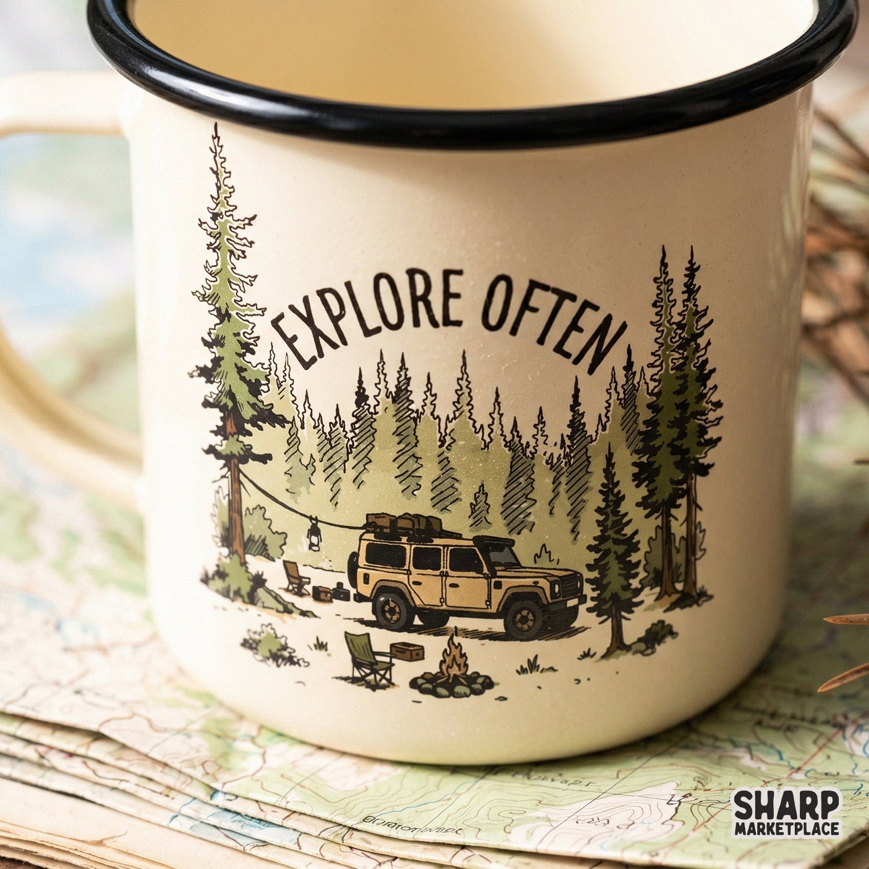 Retro camping graphic with Explore Often typography, featuring a tan 4x4 vehicle in a forest setting, ideal for custom t-shirts and tumblers.