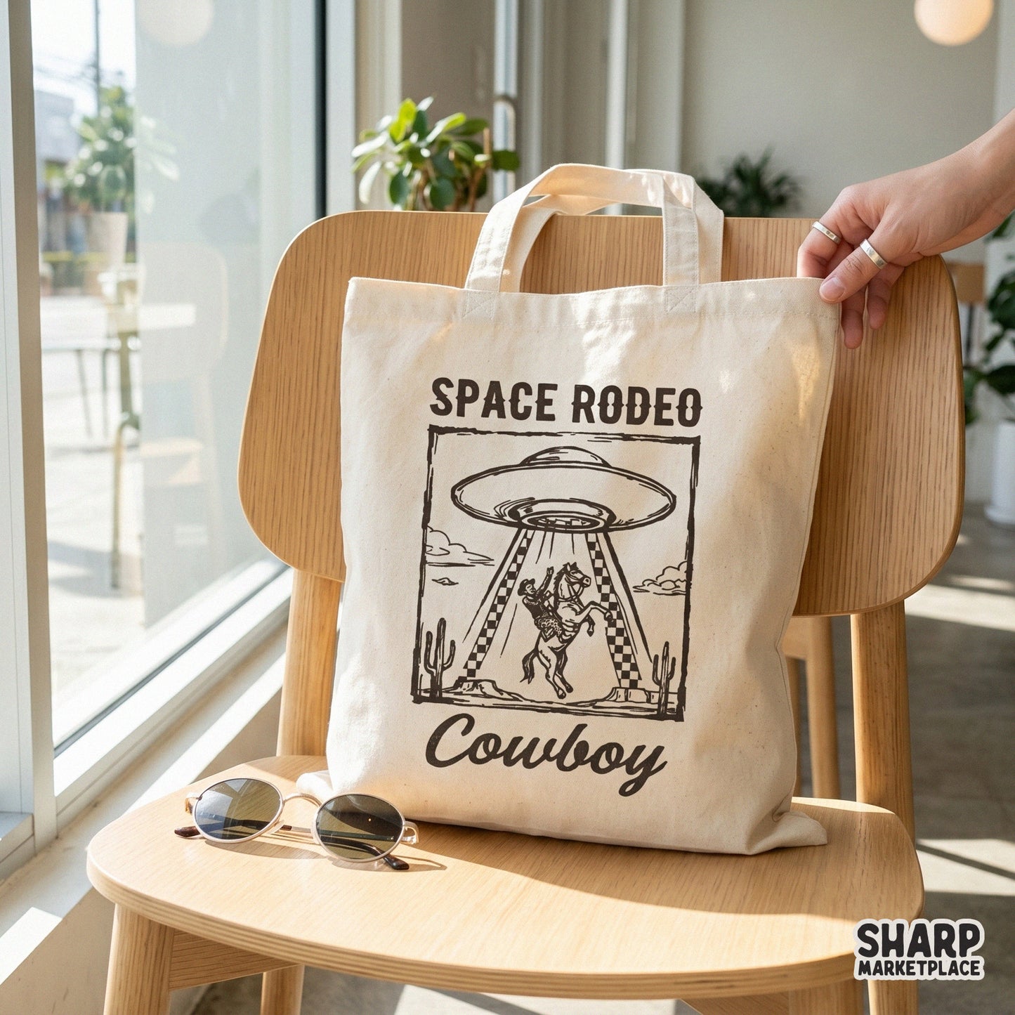 Trendy western sublimation design showing a cowboy on a horse inside a UFO tractor beam, rendered in a monochromatic sepia tone for apparel printing.