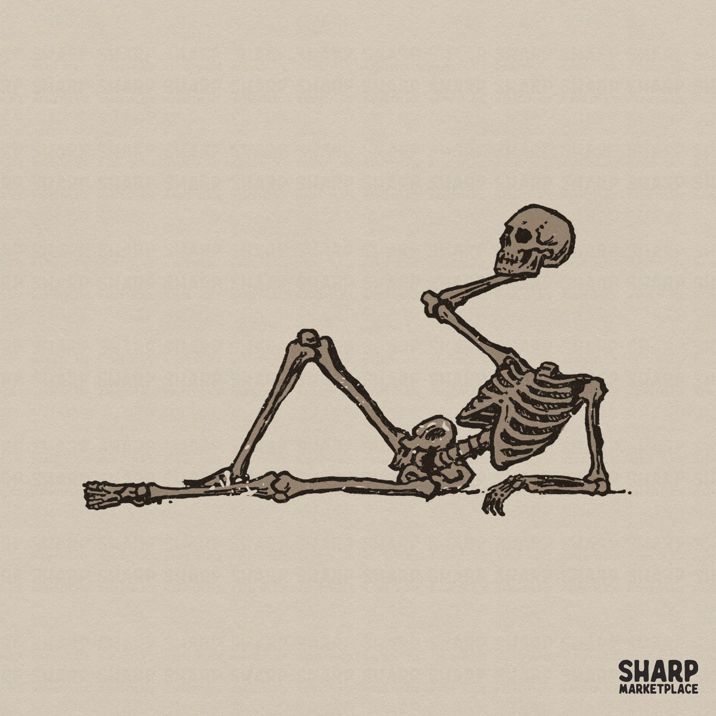 Hand-drawn lounging skeleton illustration in a vintage woodcut style, featuring a relaxed reclining pose in earthy brown tones for spooky apparel.