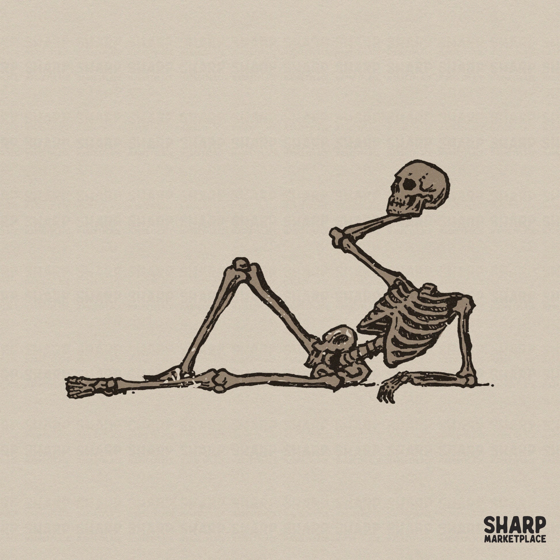 Hand-drawn lounging skeleton illustration in a vintage woodcut style, featuring a relaxed reclining pose in earthy brown tones for spooky apparel.