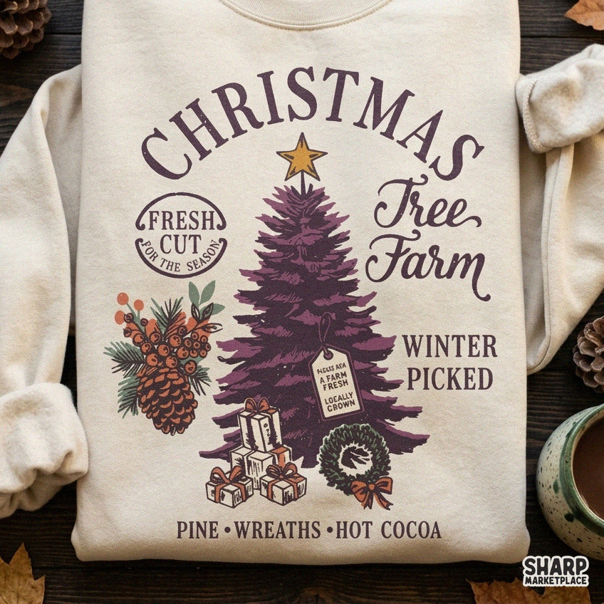 Retro farm fresh cut Christmas tree PNG digital design for holiday t-shirts and sublimation projects