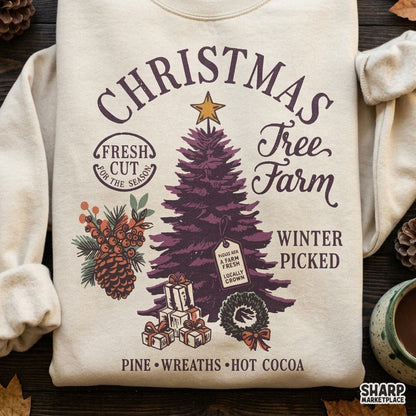 Retro farm fresh cut Christmas tree PNG digital design for holiday t-shirts and sublimation projects