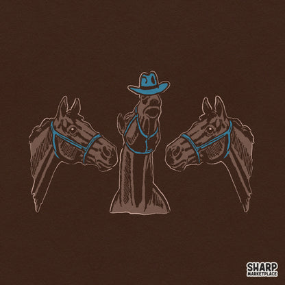 Funny trio of horses wearing blue cowboy hats for western PNG shirt design and country apparel