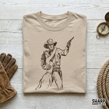 Detailed monochromatic western PNG design showing a heroic cowboy and a woman, perfect for sublimation, apparel printing, or custom stickers and tumblers.