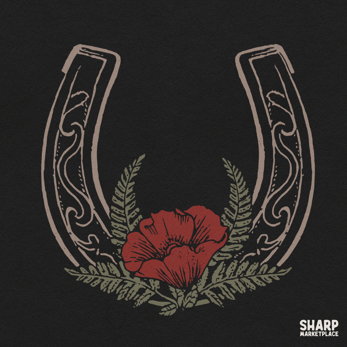 Western horseshoe with red poppy flower and ferns digital PNG graphic for vintage country cowgirl shirt sublimation