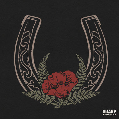 Western horseshoe with red poppy flower and ferns digital PNG graphic for vintage country cowgirl shirt sublimation