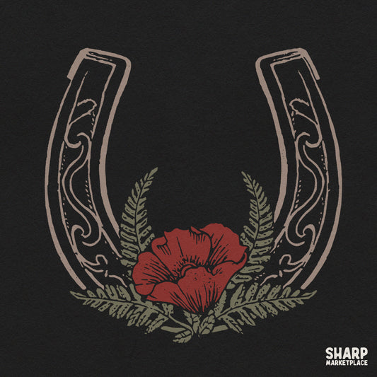 Western horseshoe with red poppy flower and ferns digital PNG graphic for vintage country cowgirl shirt sublimation