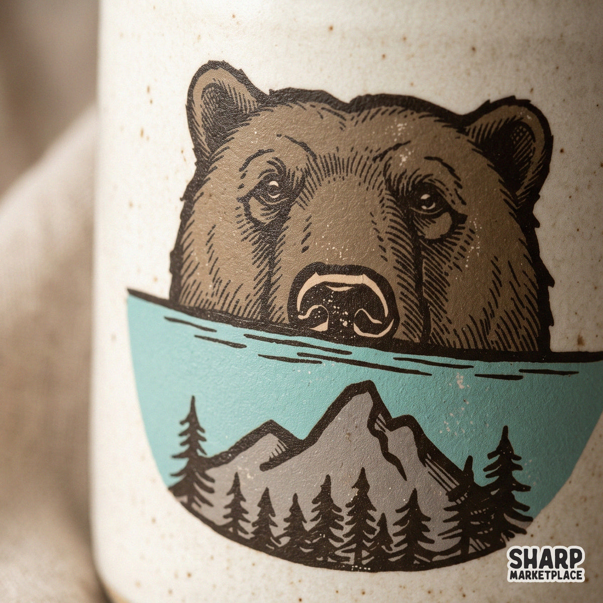 Majestic bear face over mountain forest and lake design for nature lovers sublimation t-shirts and apparel