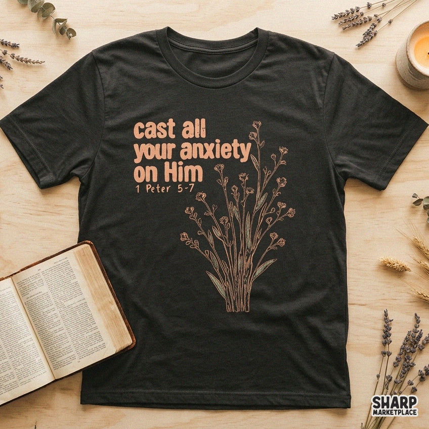 Cast All Your Anxiety On Him Christian PNG graphic with spring flowers for summer shirt and botanical t-shirt designs