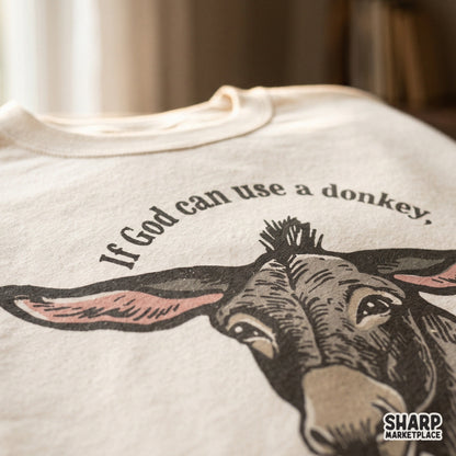 Funny Christian PNG digital download design featuring an If God Can Use a Donkey biblical humor quote for sublimation and shirts