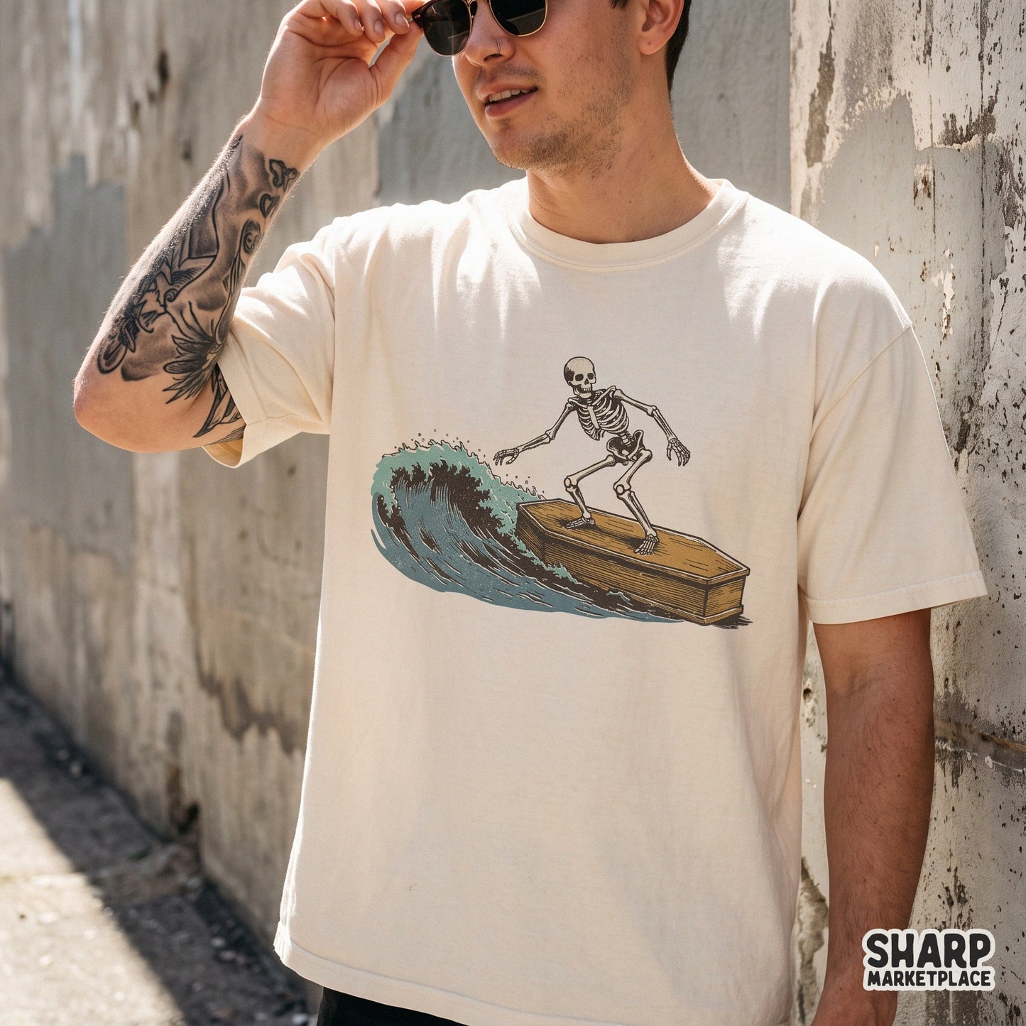 Vintage retro skeleton surfing on a coffin graphic for a summer beach tee or goth png digital download design