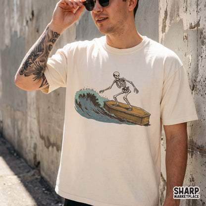 Vintage retro skeleton surfing on a coffin graphic for a summer beach tee or goth png digital download design