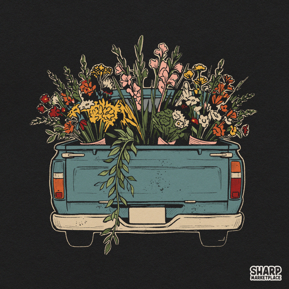 Vintage blue pickup truck tailgate filled with spring wildflowers for Mother's Day shirt sublimation design