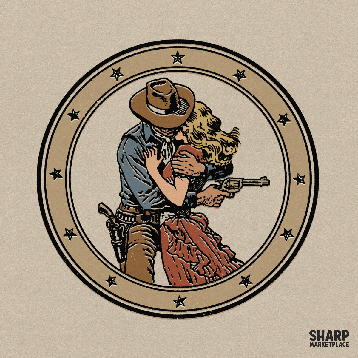 Vintage cowboy and cowgirl kissing retro western PNG graphic for country music t-shirts and apparel