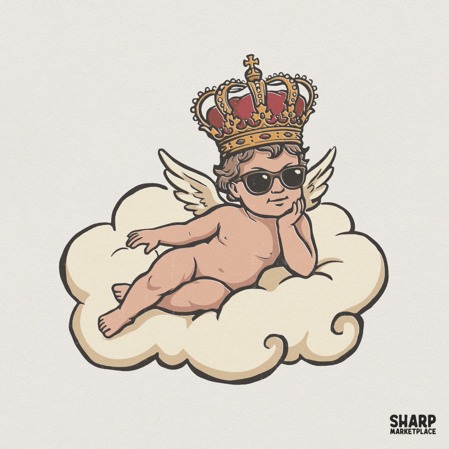 Vintage style illustration of a cute cherub wearing dark sunglasses and an ornate golden crown while lounging on a fluffy cloud.